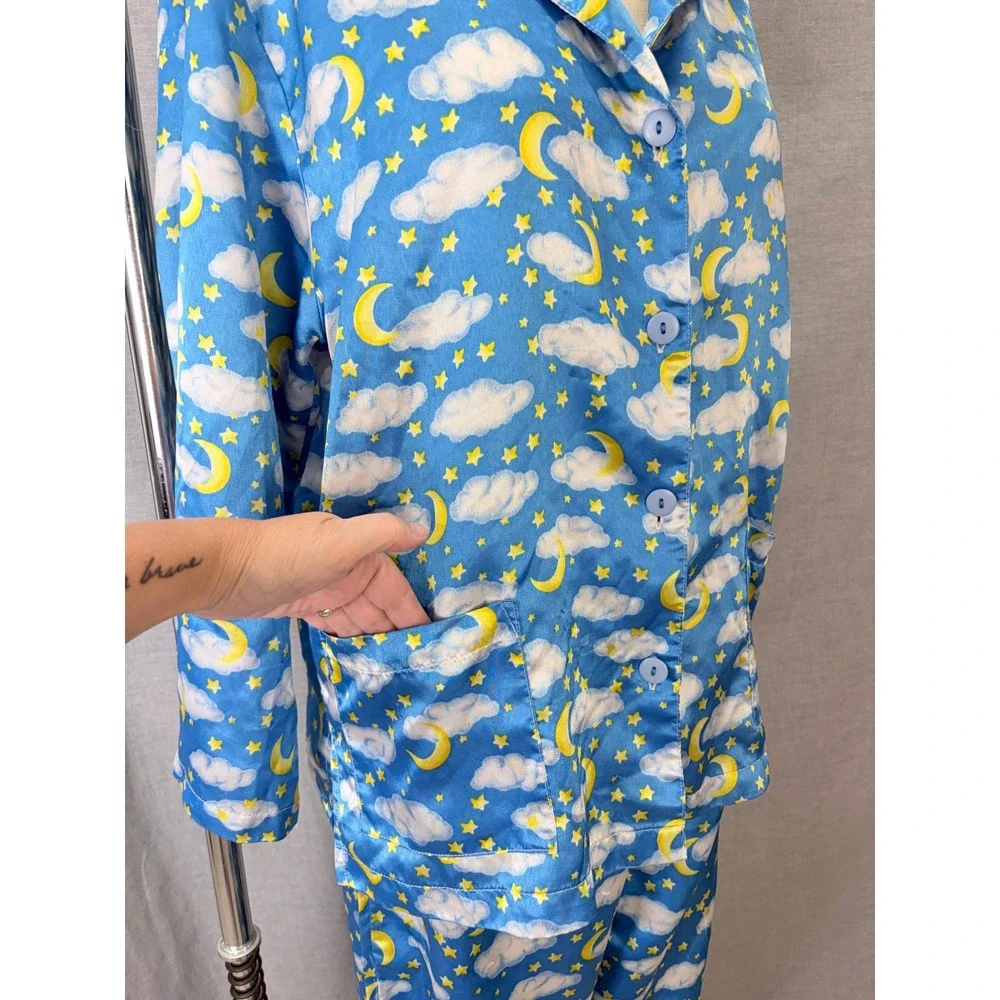 Chandio New York Celestial Blue Satin Pajama Set L Whimsigoth Moon Stars Y2K